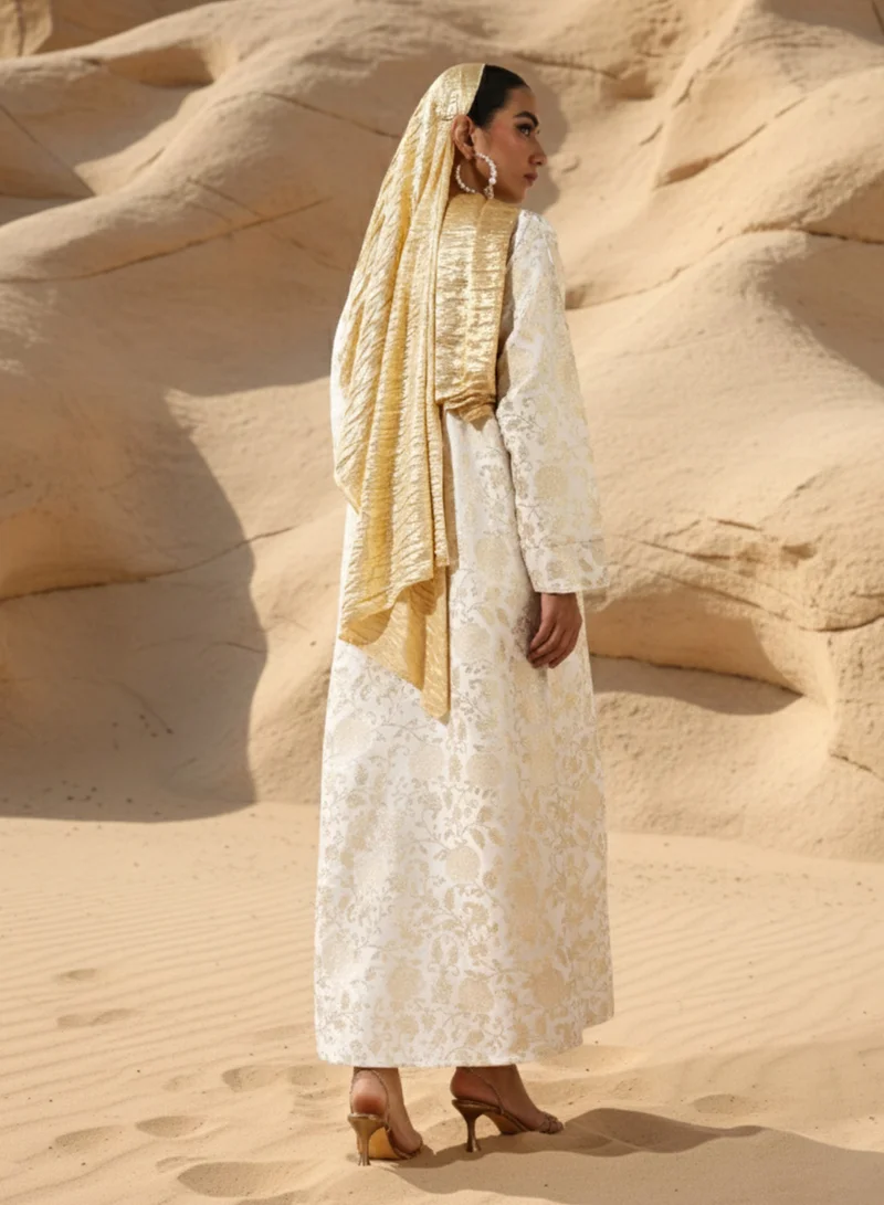 Ishin  Regal White Brocade Abaya with Hijab for Women | Best Price UAE